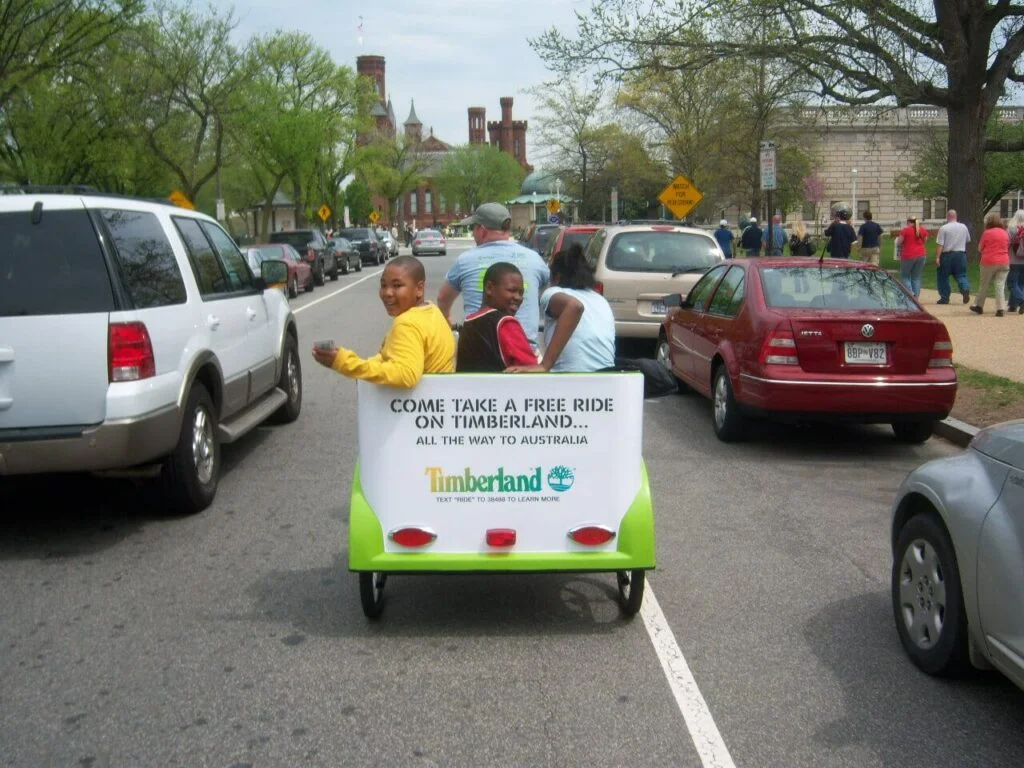 Pedicab Advertising for your Business (Bike Taxis) 4 pedicab bike taxi advertising Timberland 2